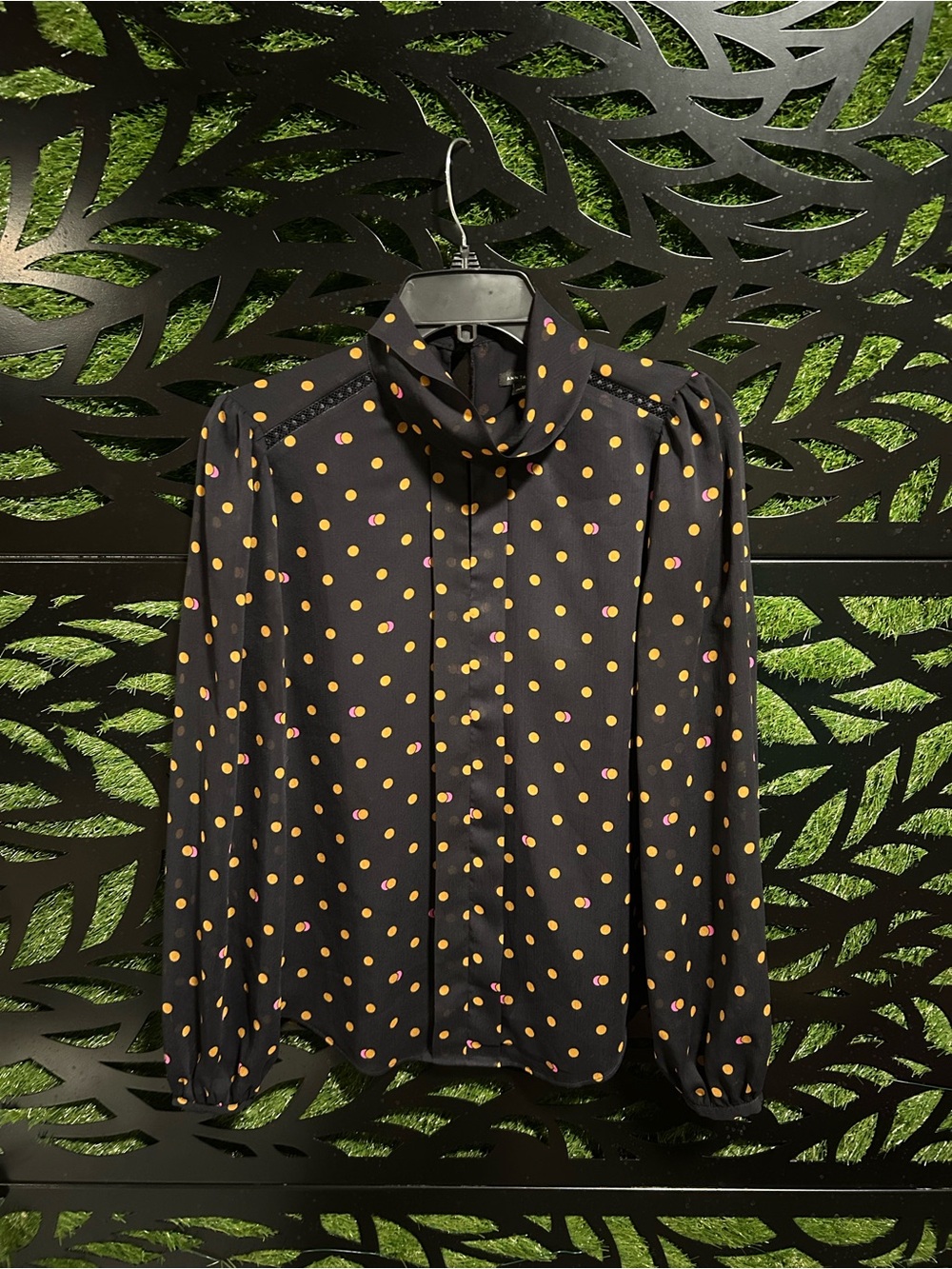Ann Taylor Black Blouse with Yellow and Pink Polka Dots, Women's XS